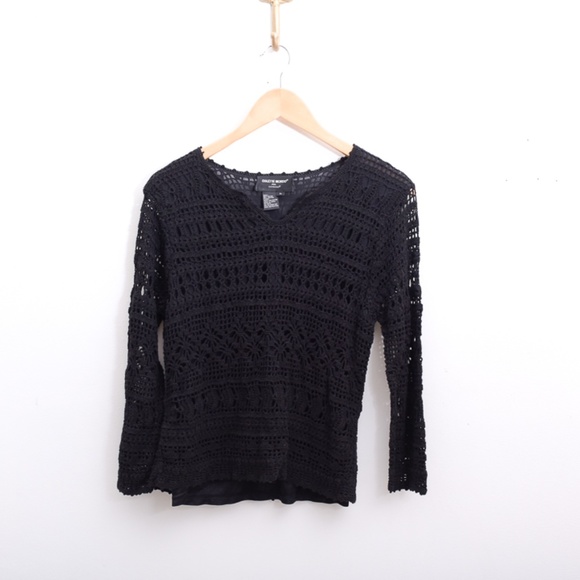 Black Long Sleeve Feminine Lace Like Sheer Goth Top Large - Picture 3 of 12